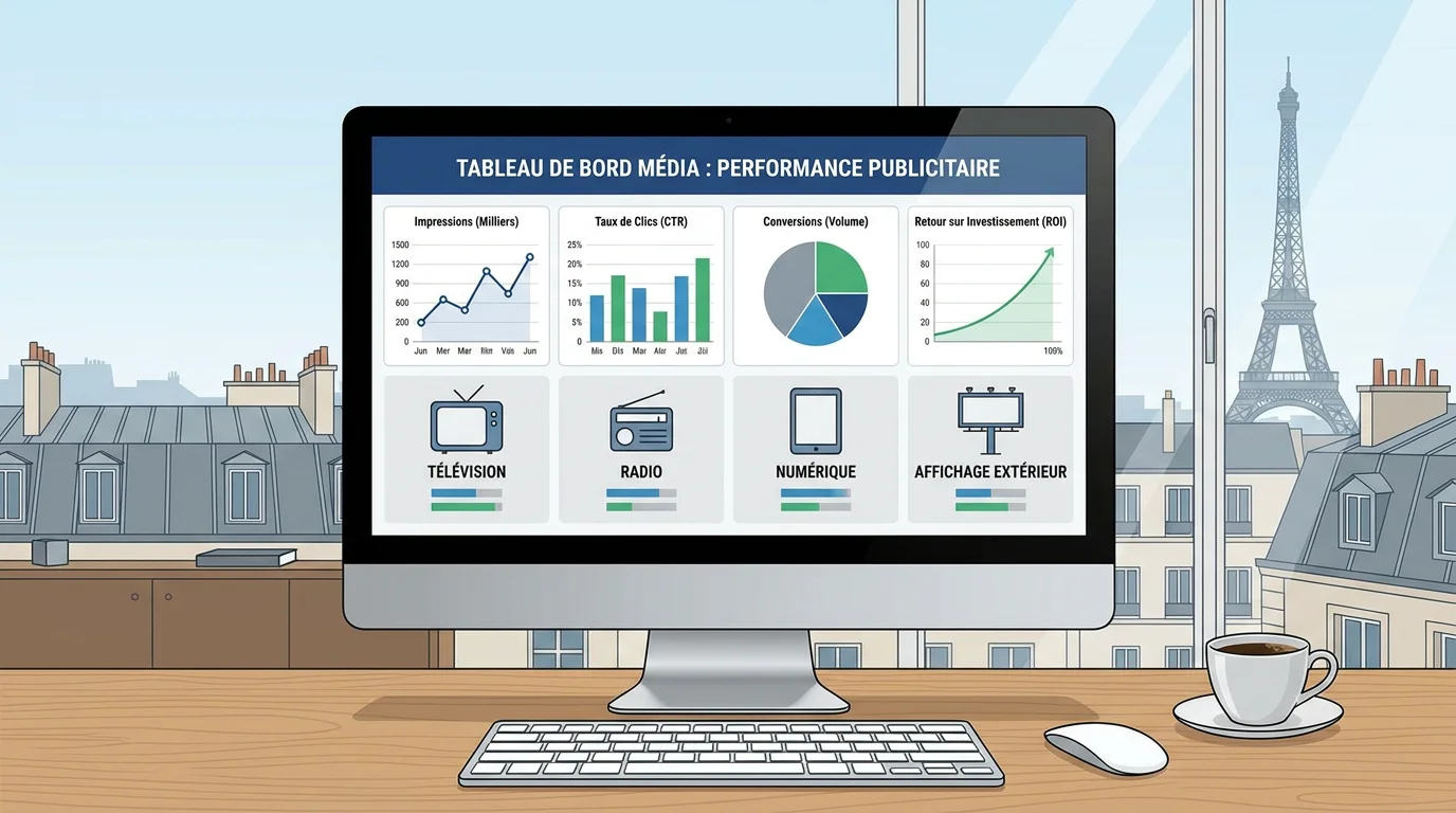 Tableau de bord d'une agence média avec indicateurs de performance publicitaire multicanaux