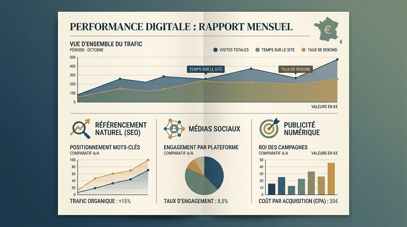Tableau de bord de stratégie de marketing digital avec indicateurs de performance clés