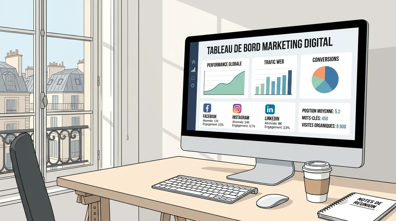 Tableau de bord marketing digital avec graphiques de performance et indicateurs clés