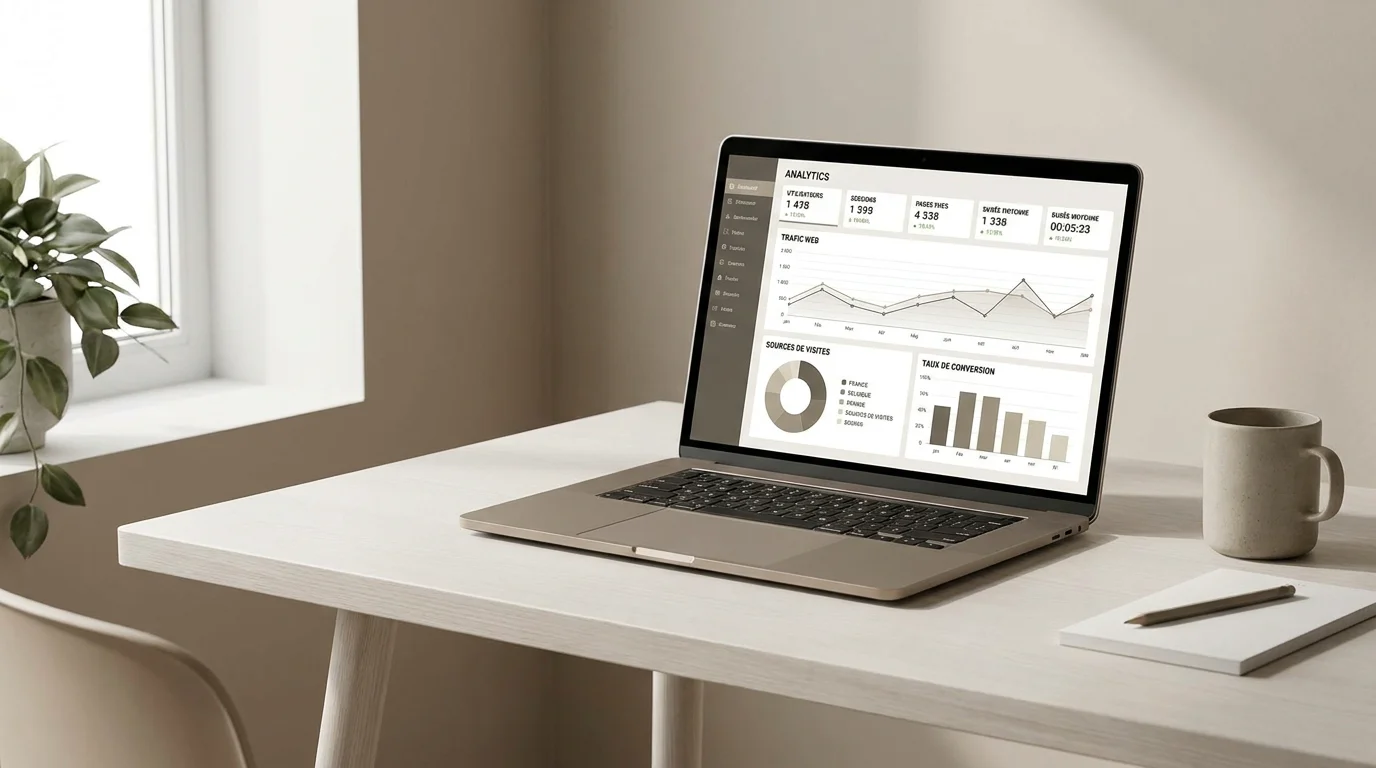 Tableau de bord analytique sur un écran d'ordinateur montrant des indicateurs de performance digitale