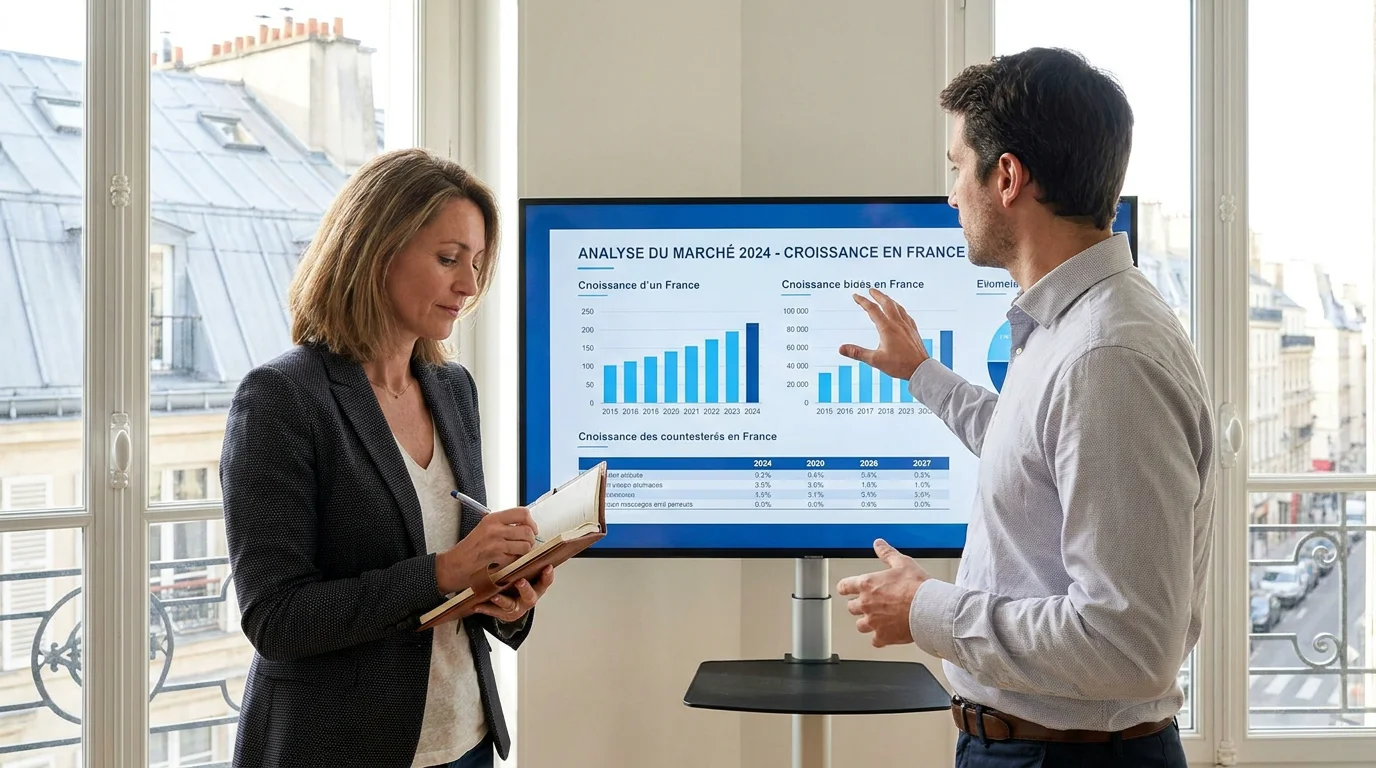 Réunion stratégique entre un consultant digital et un dirigeant de PME dans un bureau moderne