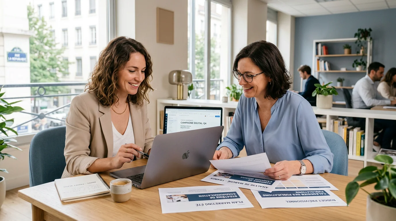 Deux professionnels collaborant sur une stratégie marketing en France