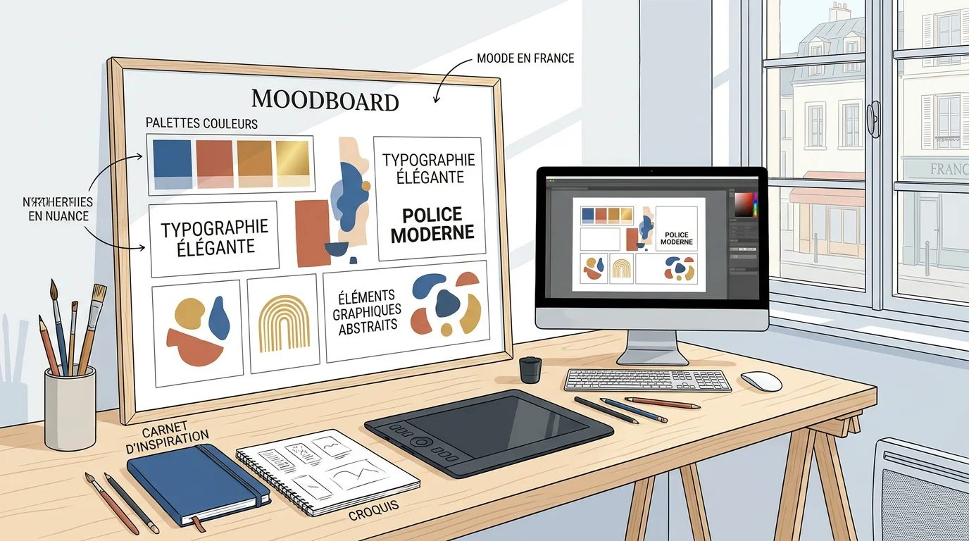 Espace de travail créatif avec moodboard de marque et éléments graphiques de branding