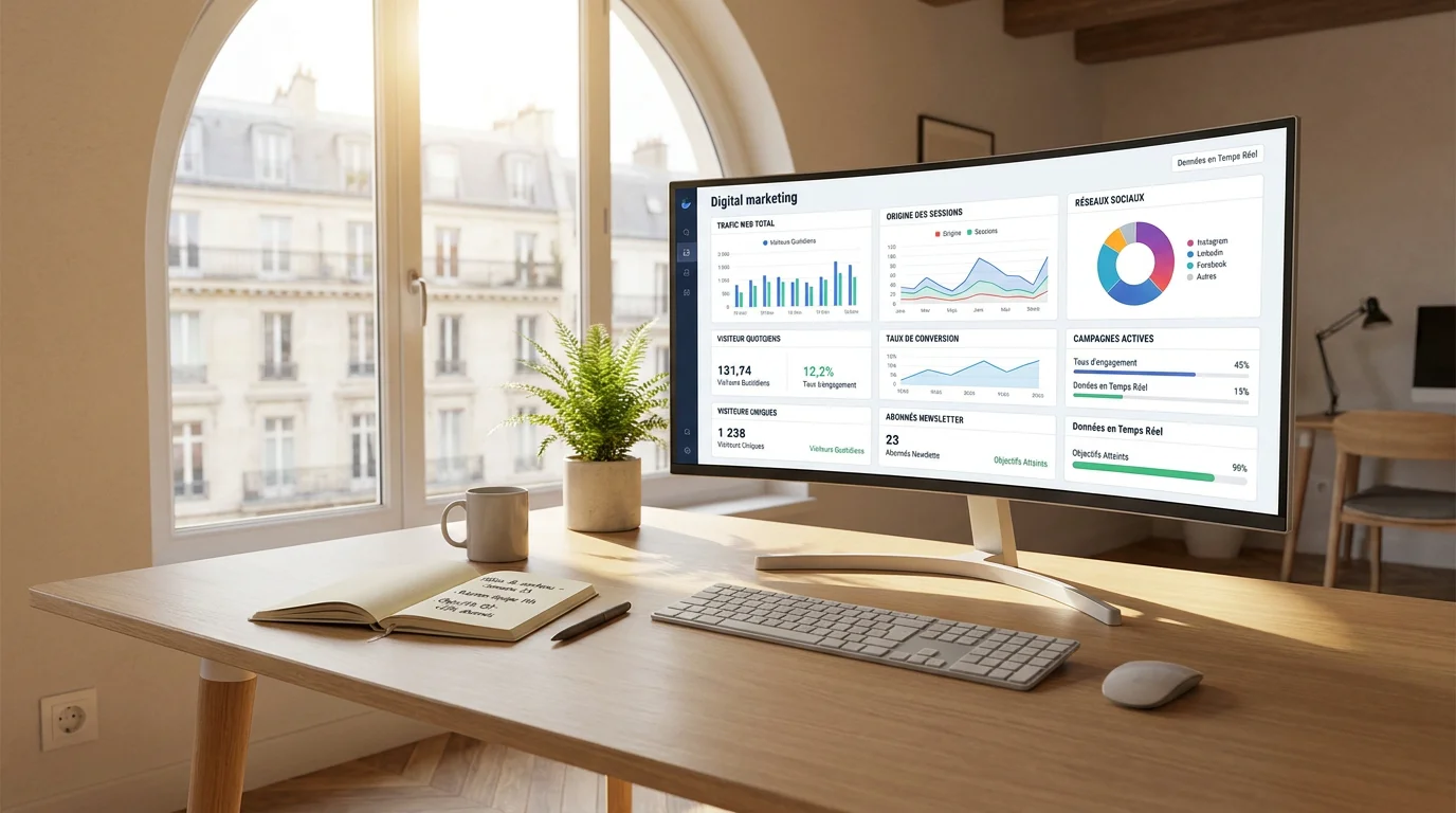 Tableau de bord de communication digitale affiché sur un écran dans un espace de travail professionnel