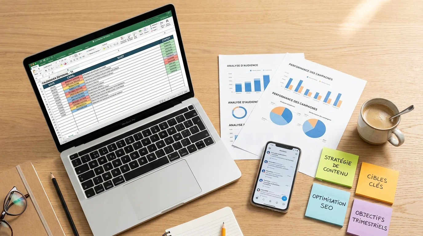 Vue à plat d'un espace de travail avec calendrier éditorial et outils de communication digitale