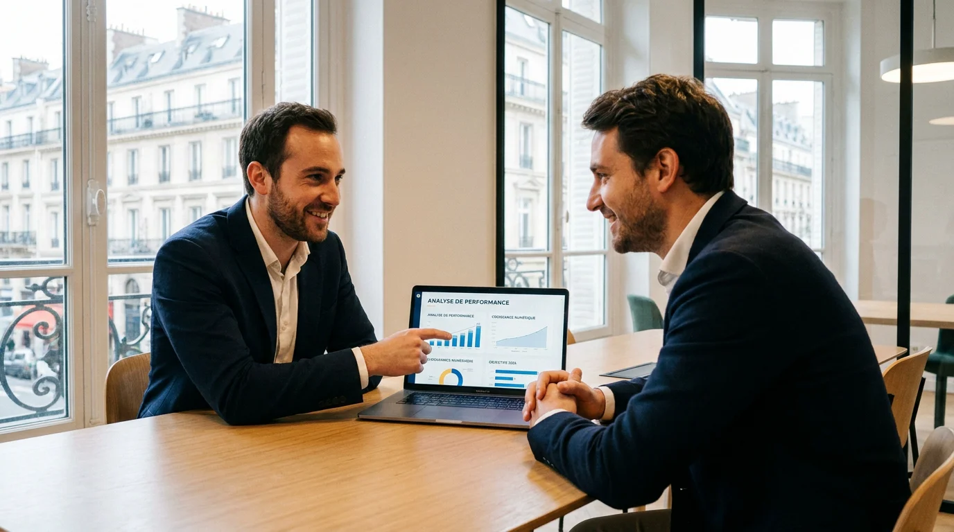 Consultant digital et dirigeant de PME en réunion stratégique autour de données de performance