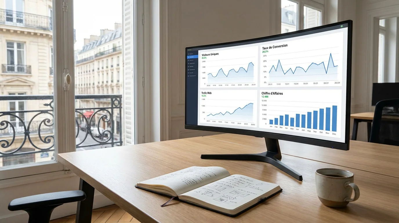 Bureau professionnel avec écran affichant des indicateurs de performance en marketing digital