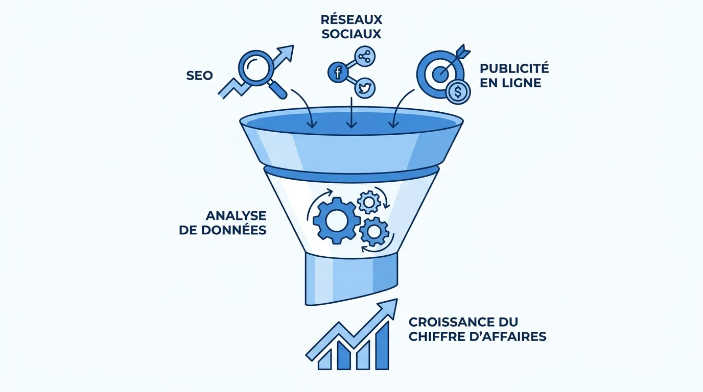 Illustration d'un entonnoir de conversion digital montrant les étapes du SEO à la croissance du chiffre d'affaires
