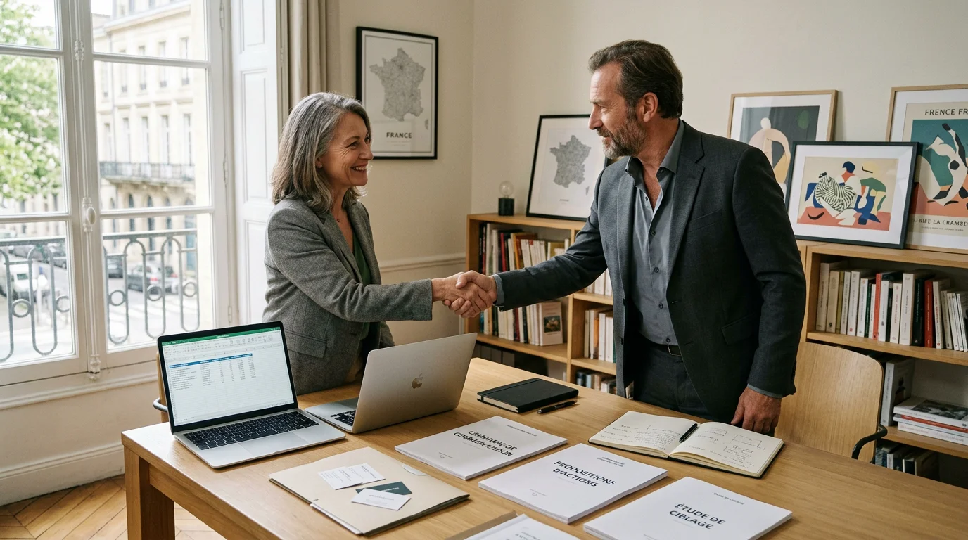 Dirigeant et consultant marketing scellant un partenariat avec une agence de publicité