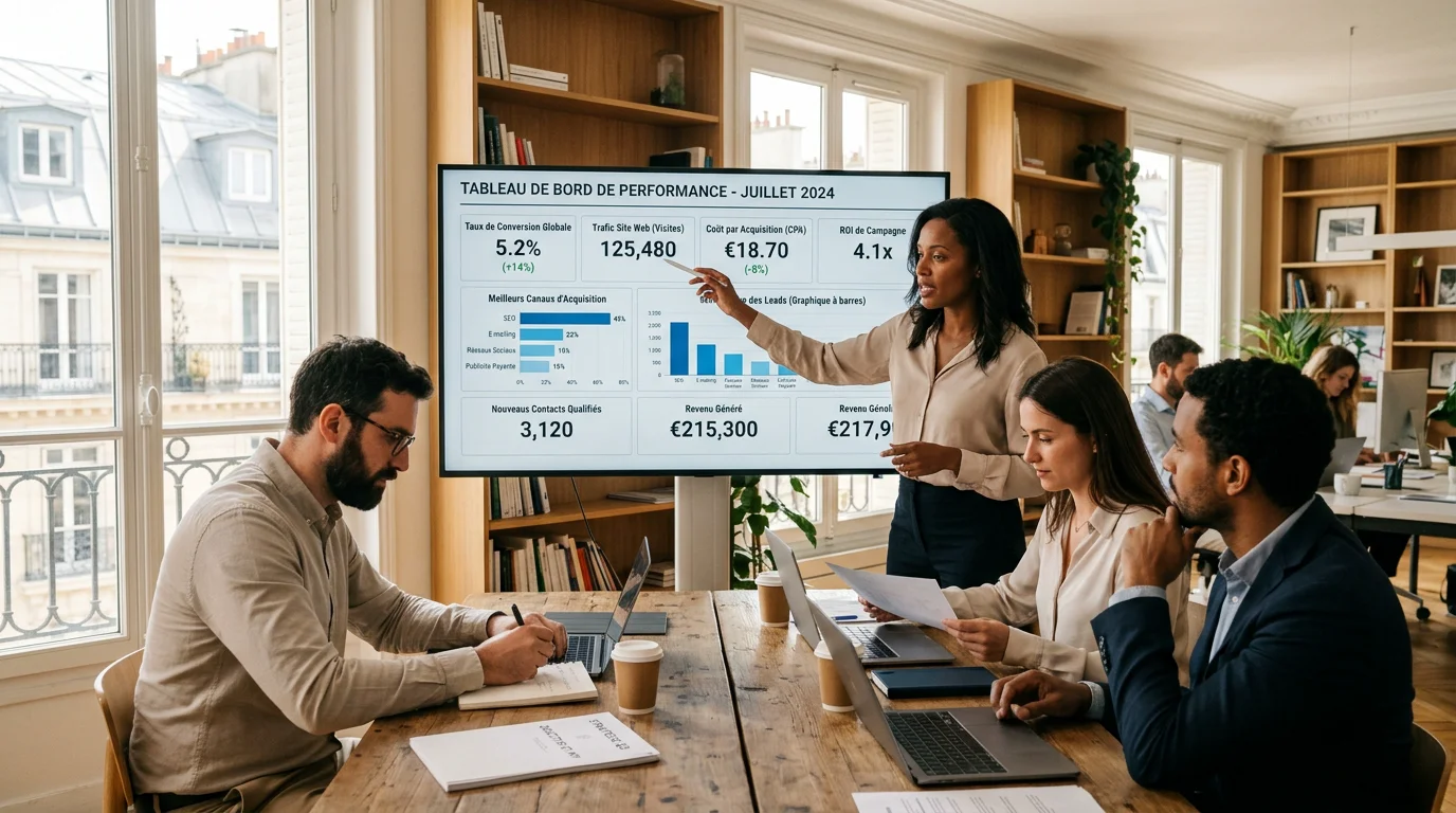 Équipe d'une agence de stratégie digitale analysant des tableaux de performance