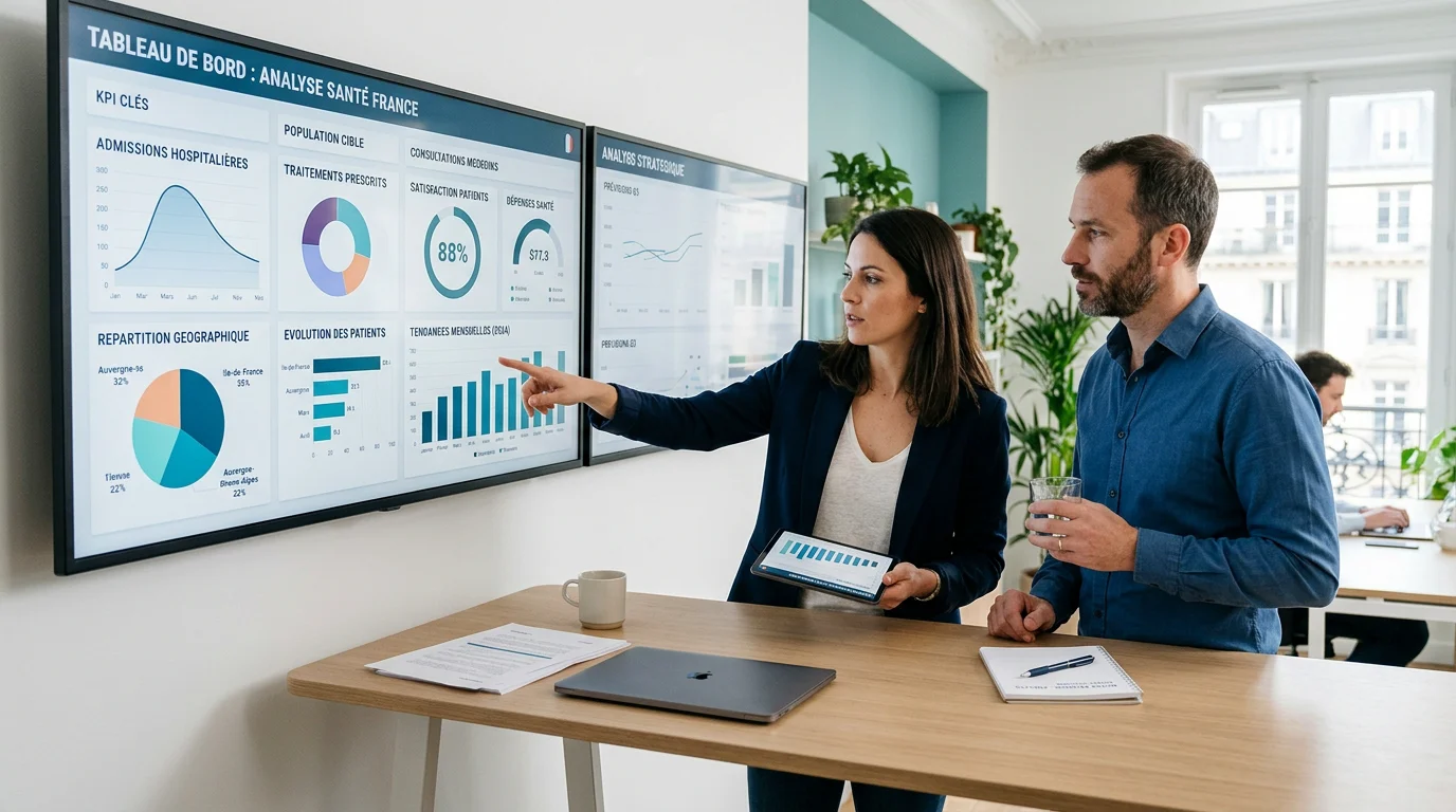 Équipe d'une agence analysant des données marketing pour un acteur de la santé