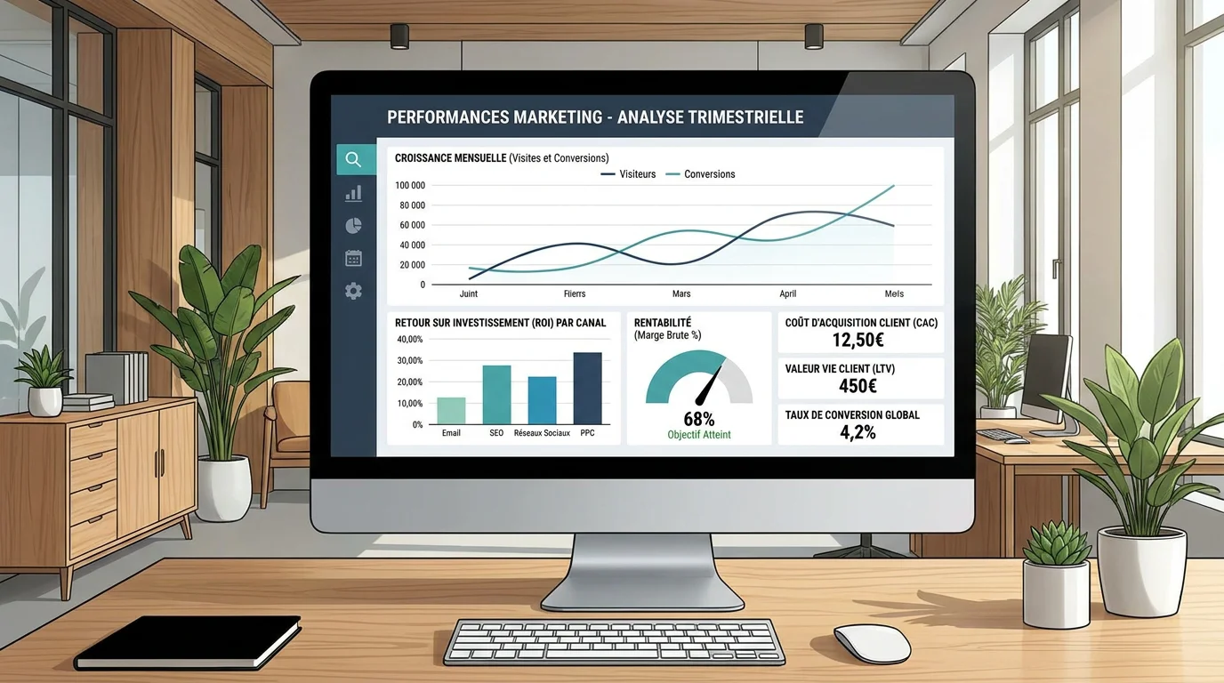 Tableau de bord analytique affichant les indicateurs de performance du ROI marketing