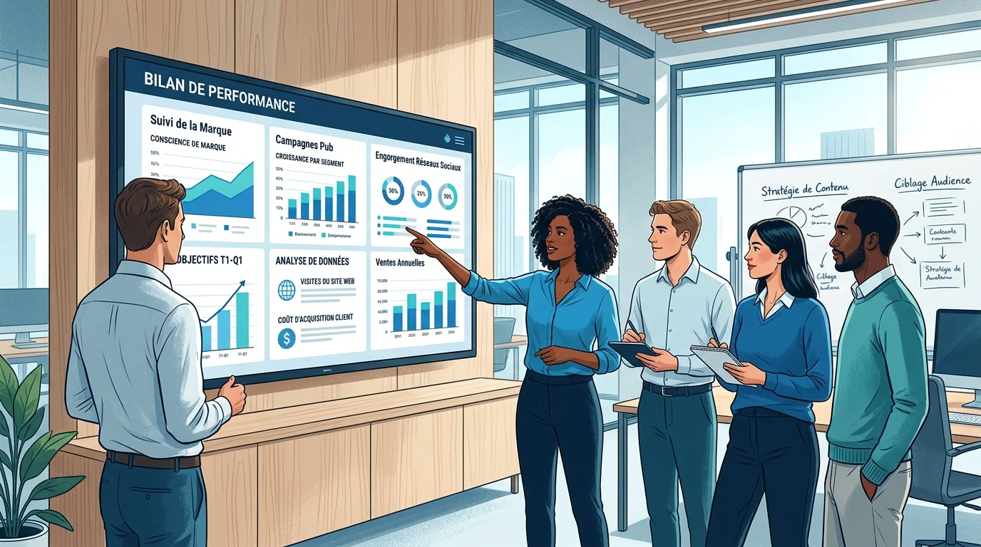 Équipe marketing analysant la performance d'une marque sur un tableau de bord