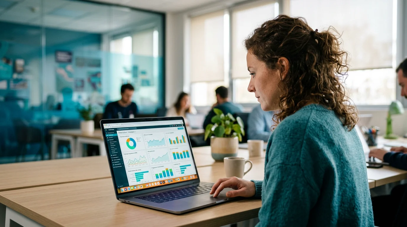 Spécialiste marketing analysant les performances de campagnes publicitaires sur un tableau de bord