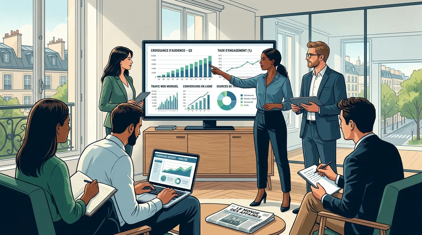 Équipe de communication digitale analysant des performances marketing dans un bureau en France