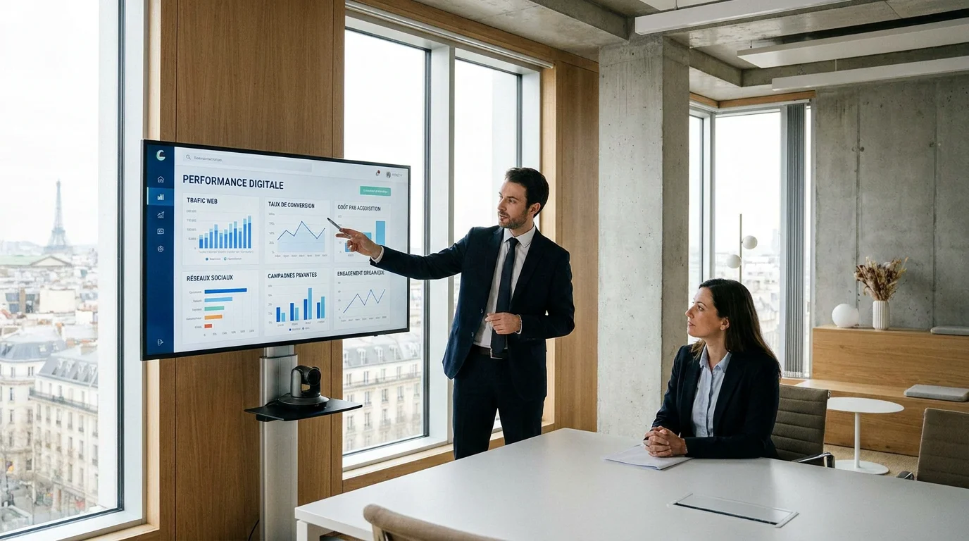 Consultant digital présentant un tableau de bord analytique à un dirigeant de PME en France
