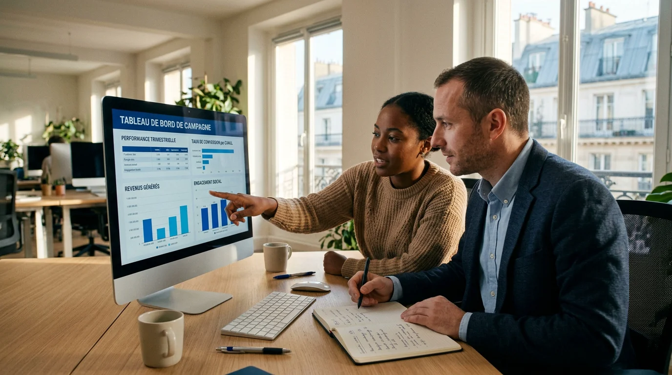 Deux professionnels analysent le retour sur investissement d'une campagne publicitaire digitale