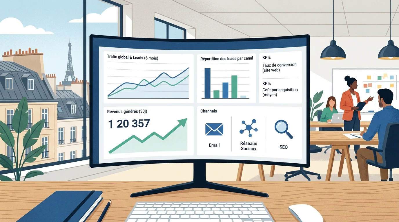 Tableau de bord marketing digital affichant les KPI d'une campagne marketing performante