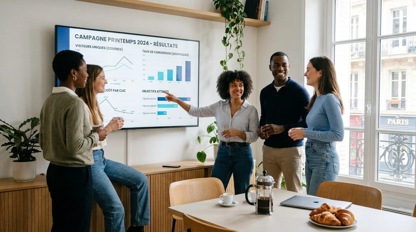 Équipe PME analysant les résultats d'une campagne marketing sur écran avec graphiques de performance