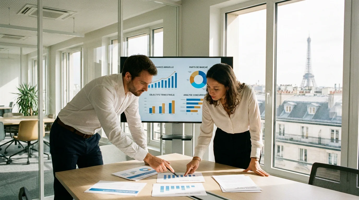 Consultant en marketing présentant une stratégie à un dirigeant de PME lors d'une réunion professionnelle