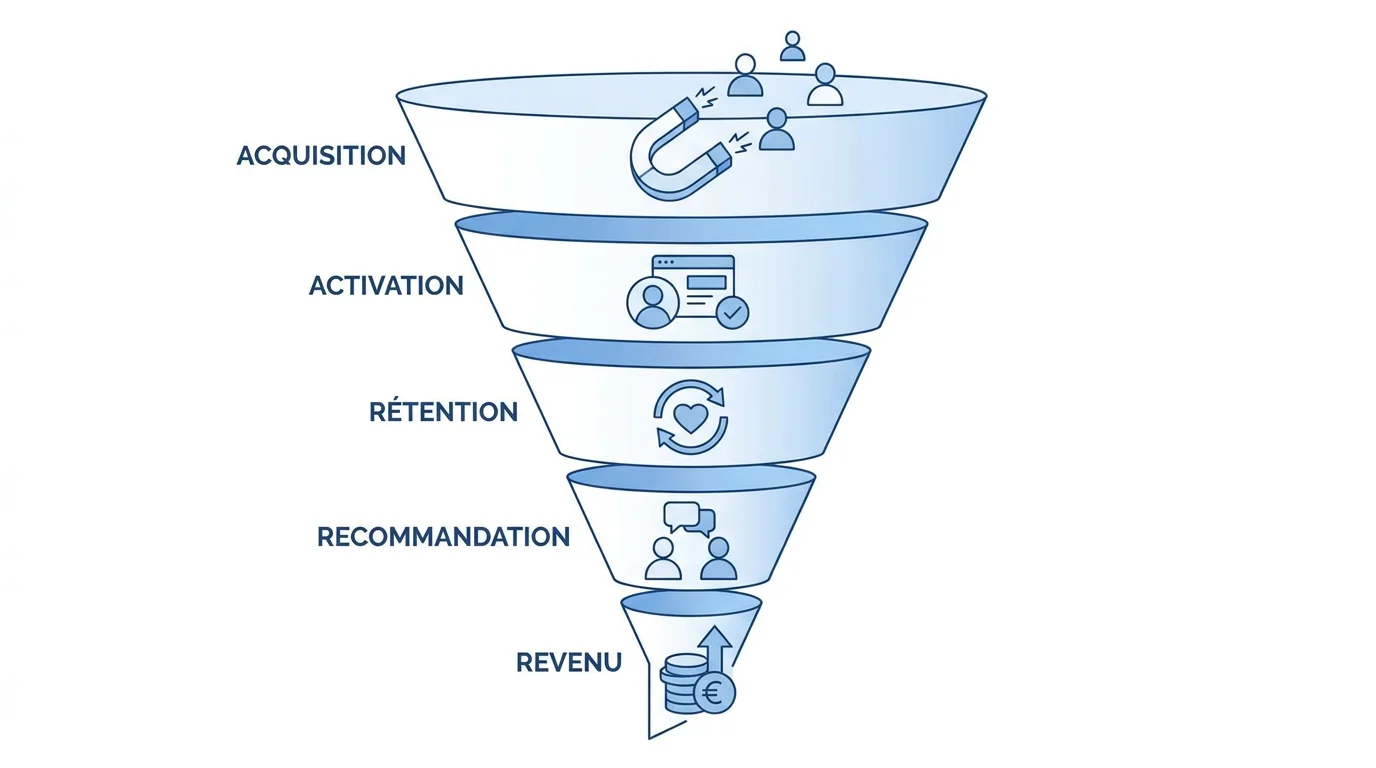 Schéma du framework AARRR en growth marketing avec les cinq étapes du parcours client