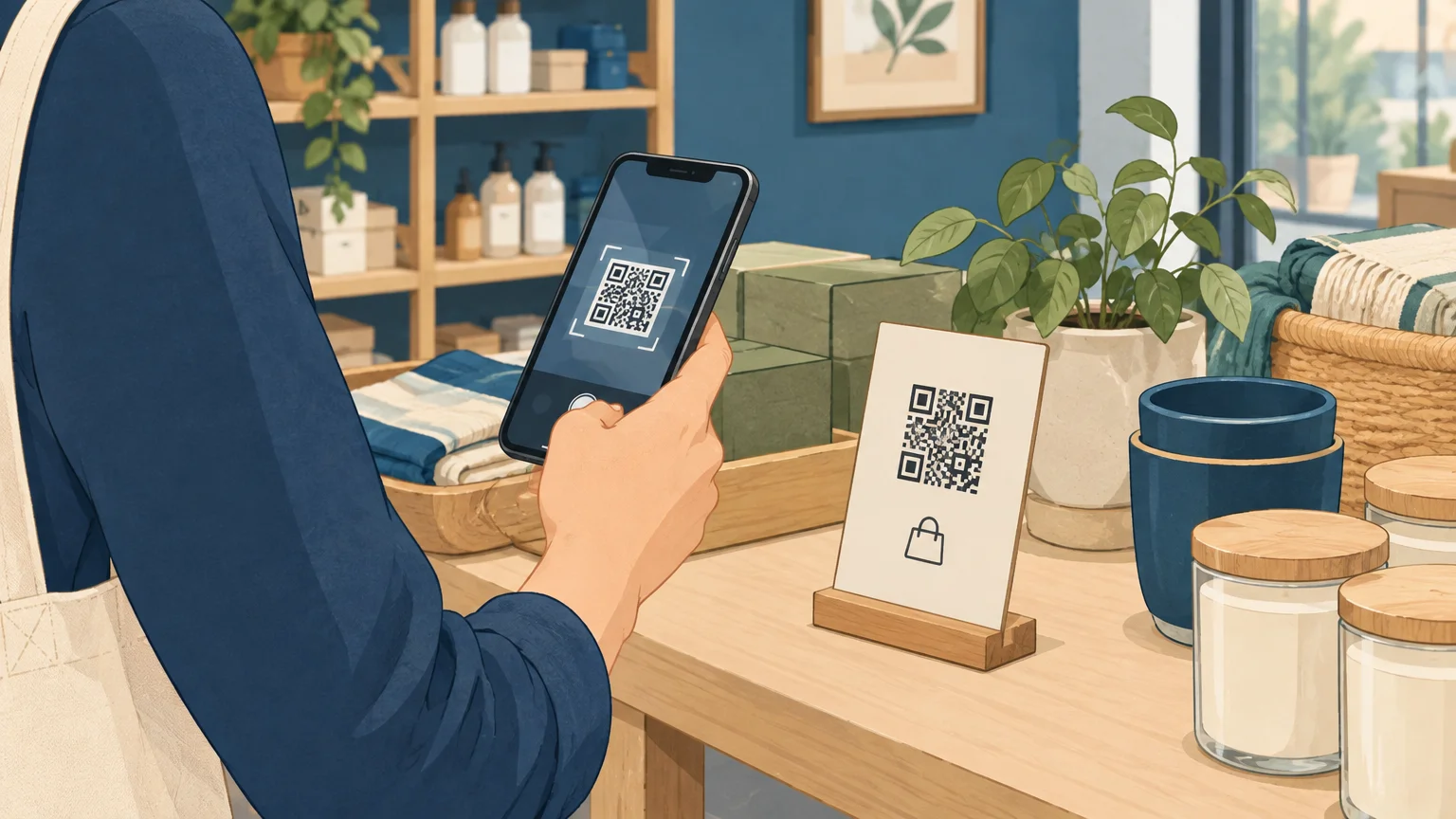 Une cliente scanne un QR code près d’une mise en avant de produits en magasin