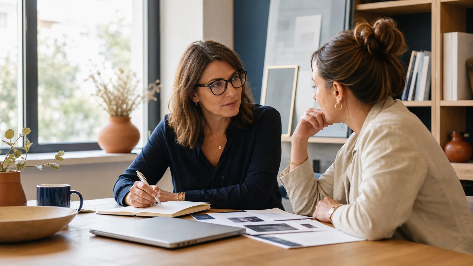 Échange stratégique entre une dirigeante et une consultante en marketing digital
