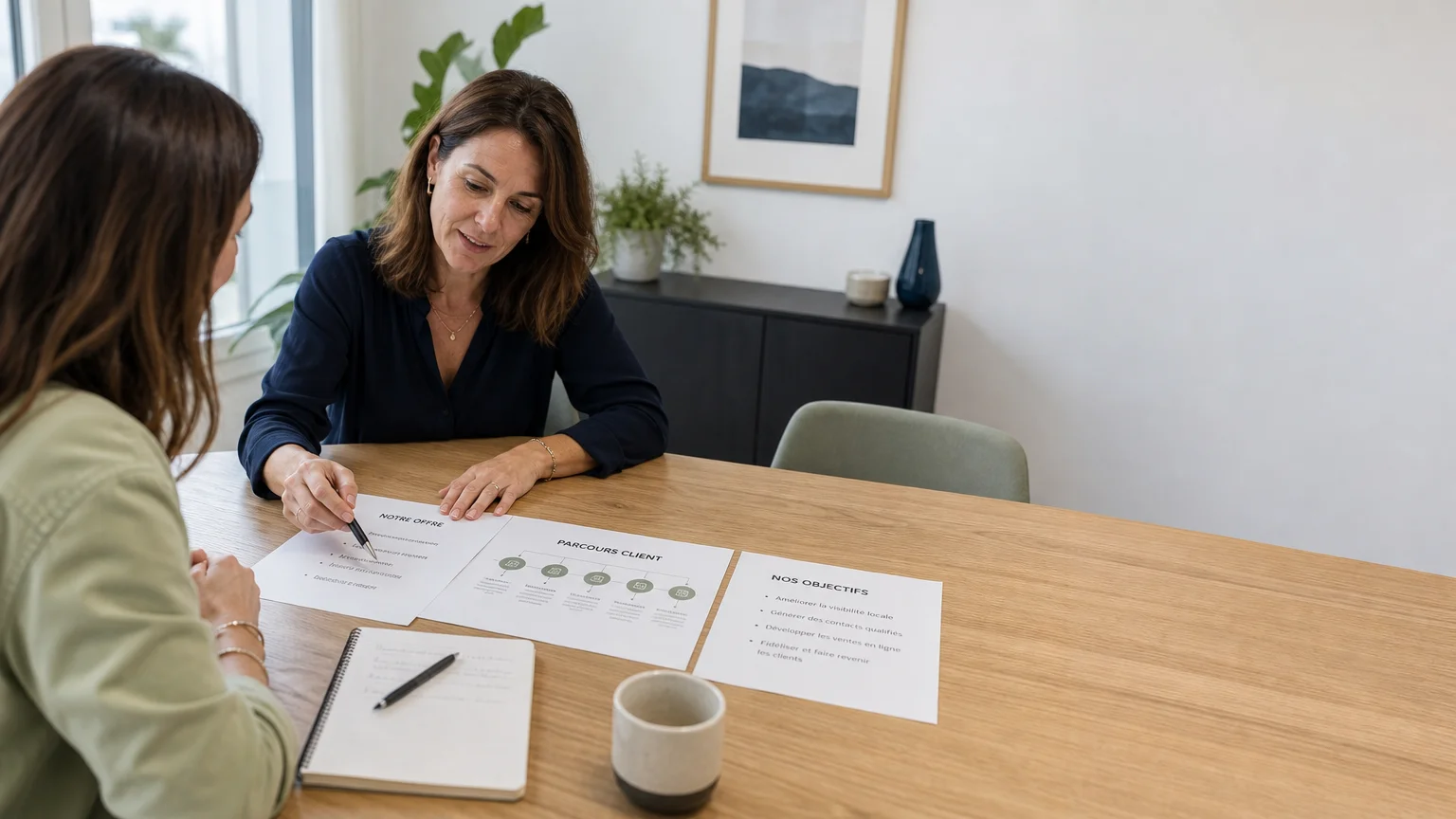 Échange entre une dirigeante et une consultante pour définir une stratégie digitale