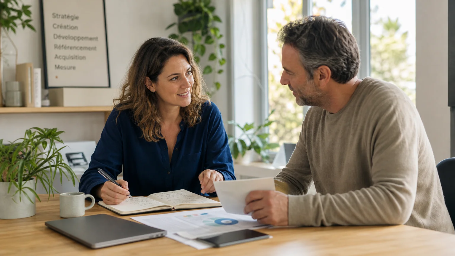 Échange stratégique entre un expert marketing digital et un dirigeant