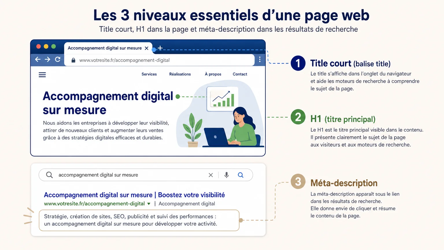 Illustration des différences entre title, H1 et méta-description