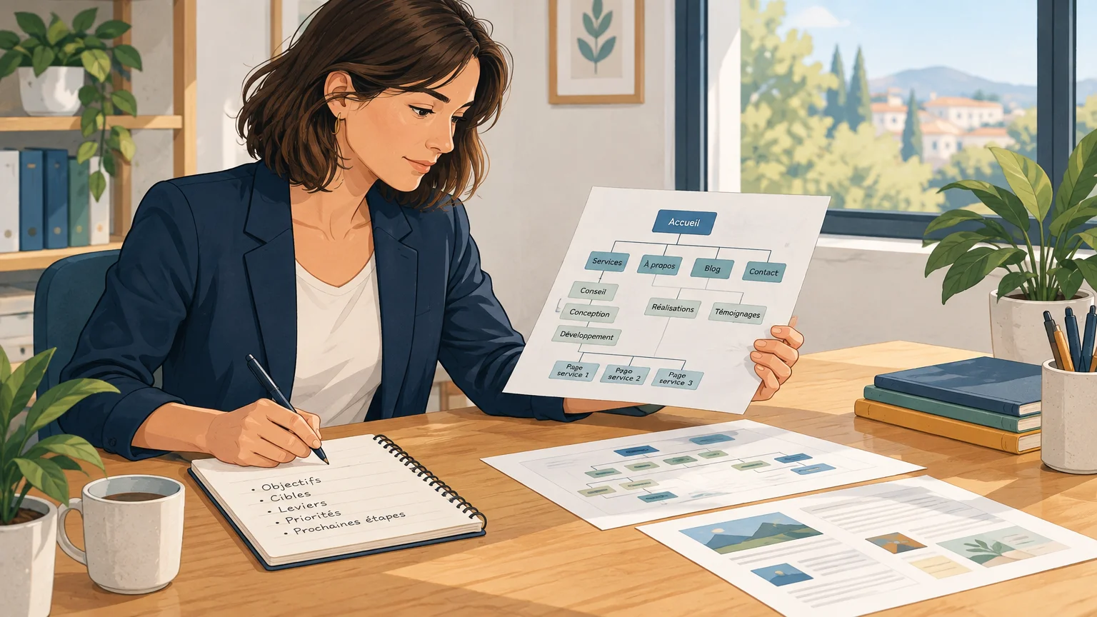 Une dirigeante examine les pages de son site avant de choisir ses priorités SEO.