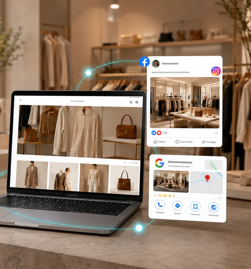 Boutique en ligne de mode sur ordinateur portable, entourée de publications Facebook, Instagram et d’une fiche Google
