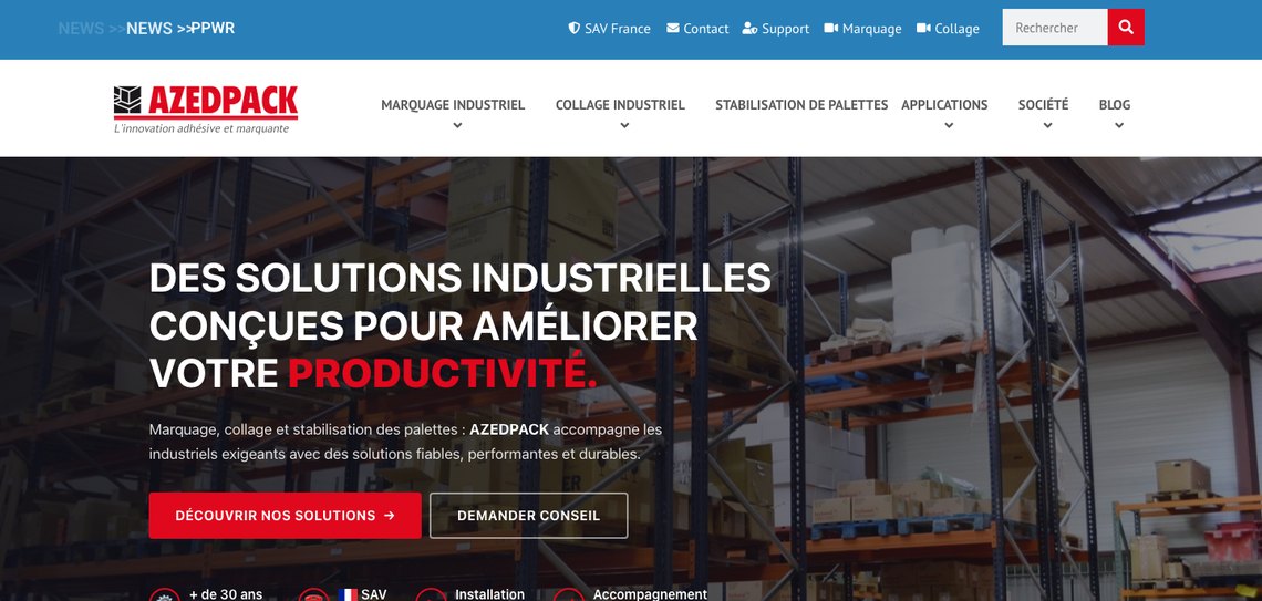 Site Azedpack, solutions de marquage et collage industriel