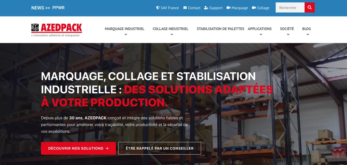 Page d’accueil du site Azedpack, marquage et collage industriel