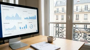 Espace de travail professionnel dédié à la stratégie de marketing digital