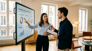 Équipe professionnelle analysant une stratégie de marketing digital en réunion