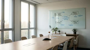 Tableau blanc avec schéma de stratégie de communication digitale dans une salle de réunion moderne