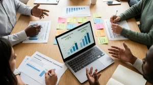 Équipe professionnelle discutant d'une stratégie marketing digitale autour d'une table de réunion