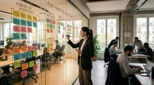 Stratège construisant un plan de stratégie digitale sur un mur de planification