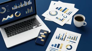 Bureau de travail professionnel dédié au marketing digital avec ordinateur et graphiques de performance