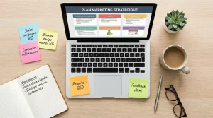Bureau de travail avec plan marketing affiché sur un ordinateur portable, post-it et carnet de notes