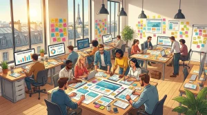 Bureau d'une agence de communication digitale en France avec équipe en pleine collaboration