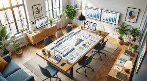Plan de campagne marketing déployé sur une table de bureau avec écrans de performance digitale