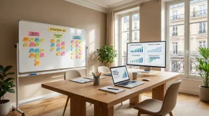 Espace de travail d'un consultant en marketing avec outils de stratégie et tableaux de bord