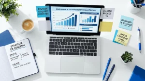 Bureau de travail avec écran affichant des graphiques de croissance marketing et outils stratégiques