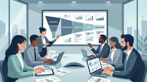 Équipe d'une agence marketing digital B2B analysant des tableaux de bord de performance