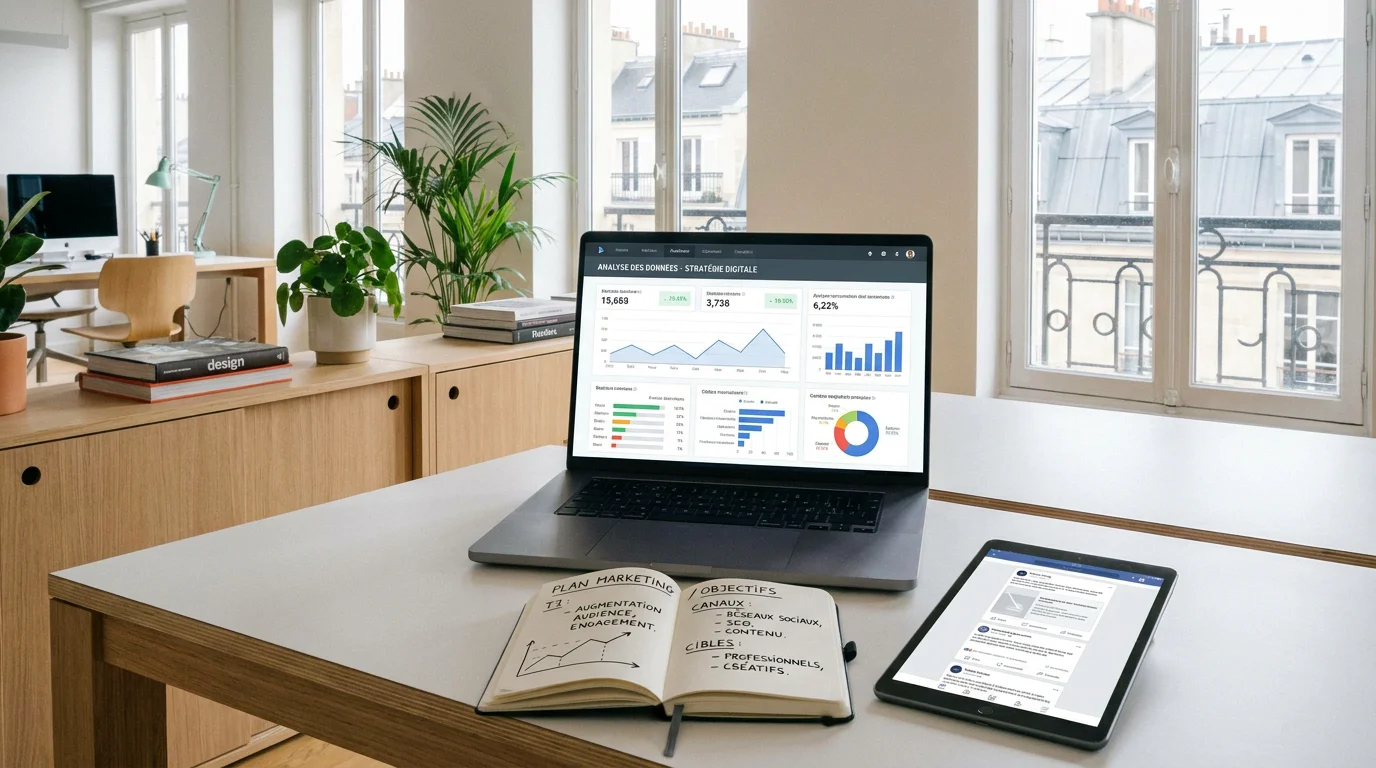 Espace de travail professionnel illustrant l'élaboration d'une stratégie de marketing digital