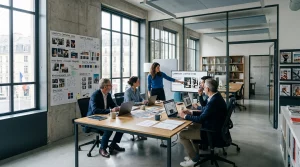 Espace de travail d'une agence de publicité avec une équipe créative en collaboration