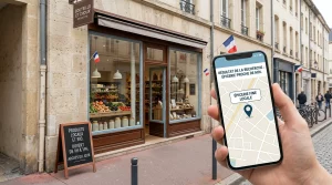 Devanture de commerce local avec un smartphone affichant une recherche cartographique