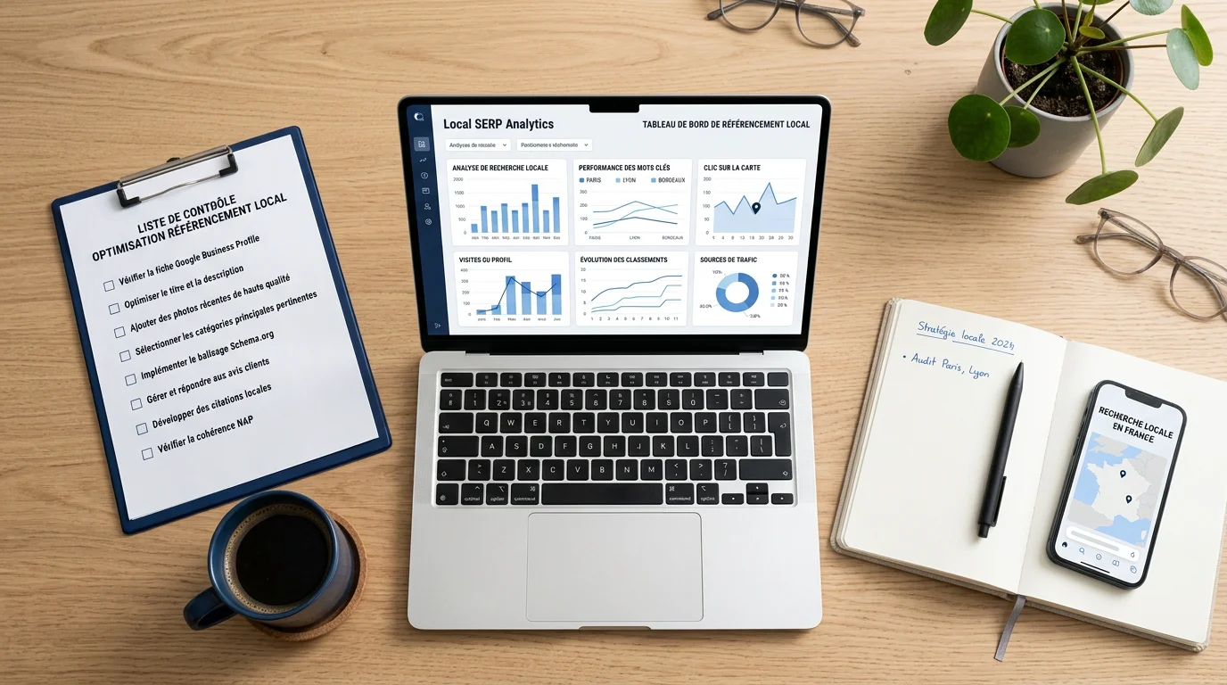 Bureau avec ordinateur affichant des statistiques de recherche locale et une checklist